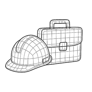 3D wireframe icon of a hardhat and briefcase representing HVAC jobs, career growth, and employment opportunities in the skilled trades.
