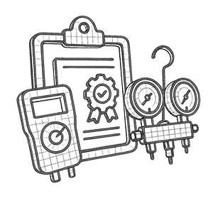 3D mesh icon of HVAC technical training tools including a multimeter, certification clipboard, and refrigerant gauges representing technician skill development and trade education.
