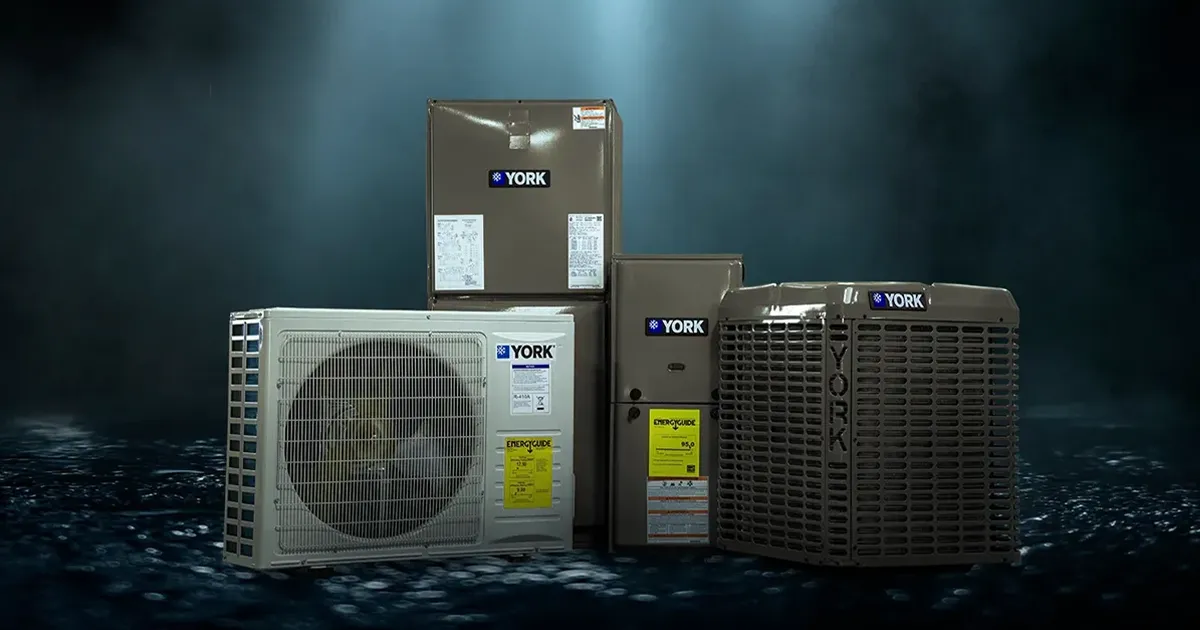 All the major parts of an HVAC system are pictured, including furnaces, air conditioners, and heat pumps.