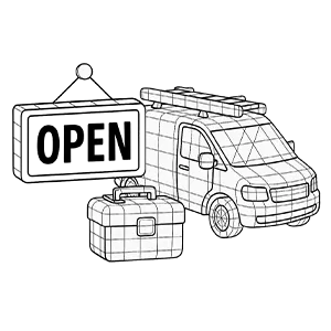 A wirefram of an HVAC service van and an open sign depicting business ownership in HVAC
