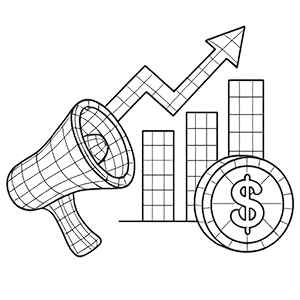 A wireframe depiction of HVAC marketing and business growth that used bar graphs, coins, and bullhorns do depict the category.