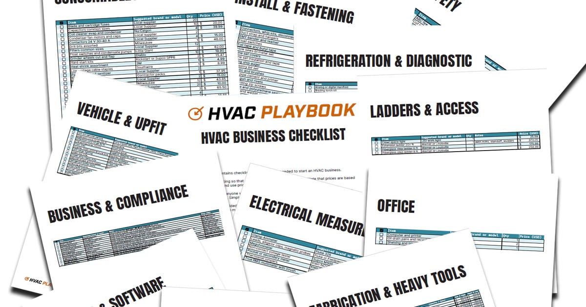 A graphic showing pages from an HVAC cost book that detail how much it costs to start an HVAC business